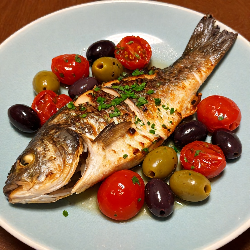Plated Easy Baked Sea Bass with Olives and Cherry Tomatoes