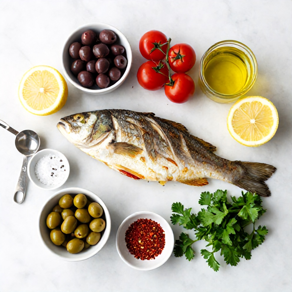 Ingredients for Easy Baked Sea Bass with Olives and Cherry Tomatoes