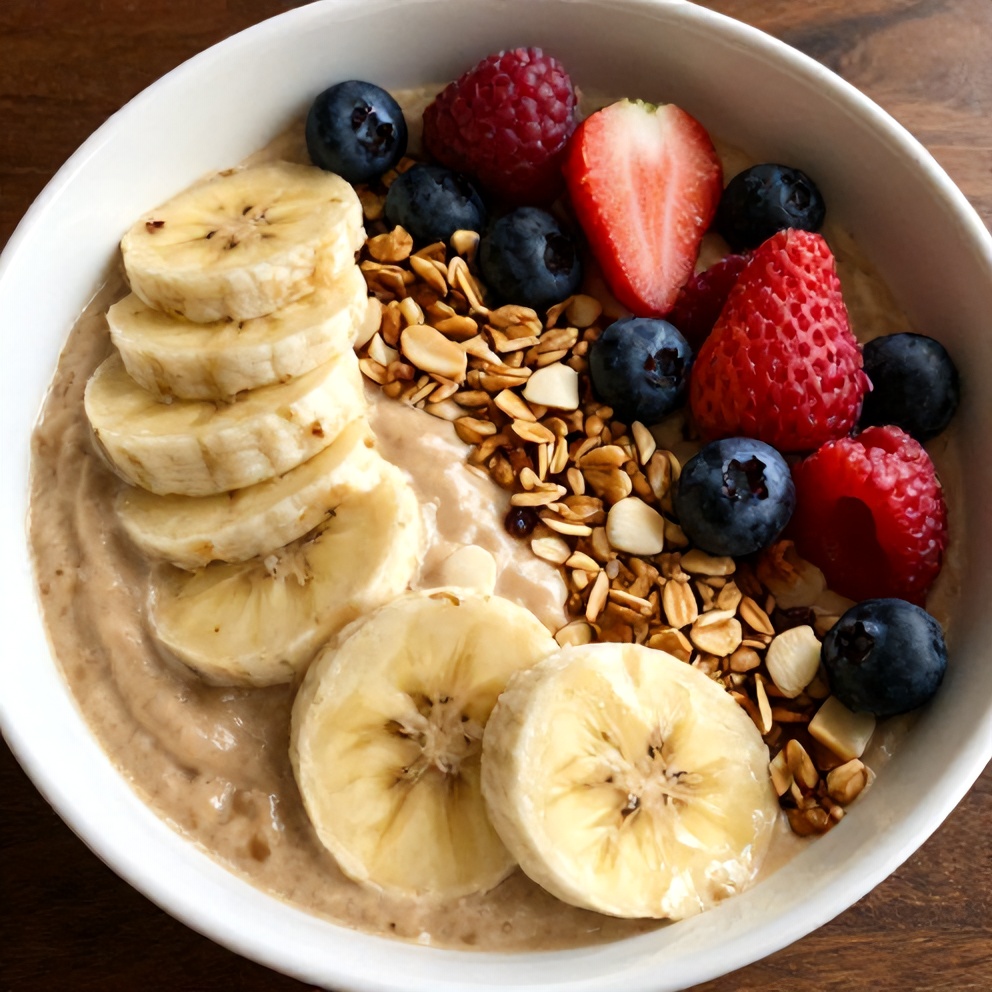 Close-up of Creamy Banana Peanut Butter Oat Smoothie Bowl with Granola and Berries