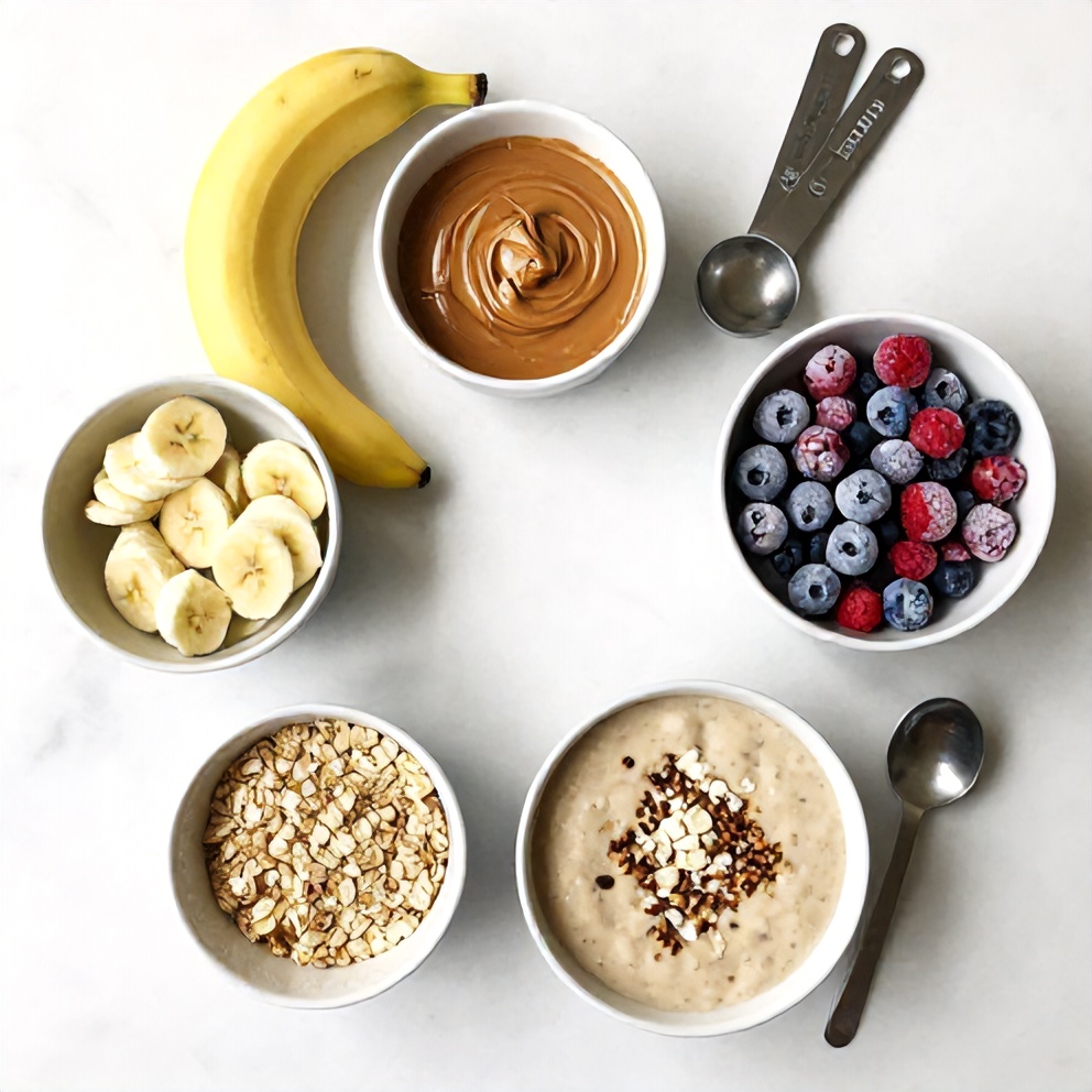 Banana, Peanut Butter, Oats, Frozen Berries, and other ingredients for Banana Peanut Butter Oat Smoothie Bowl