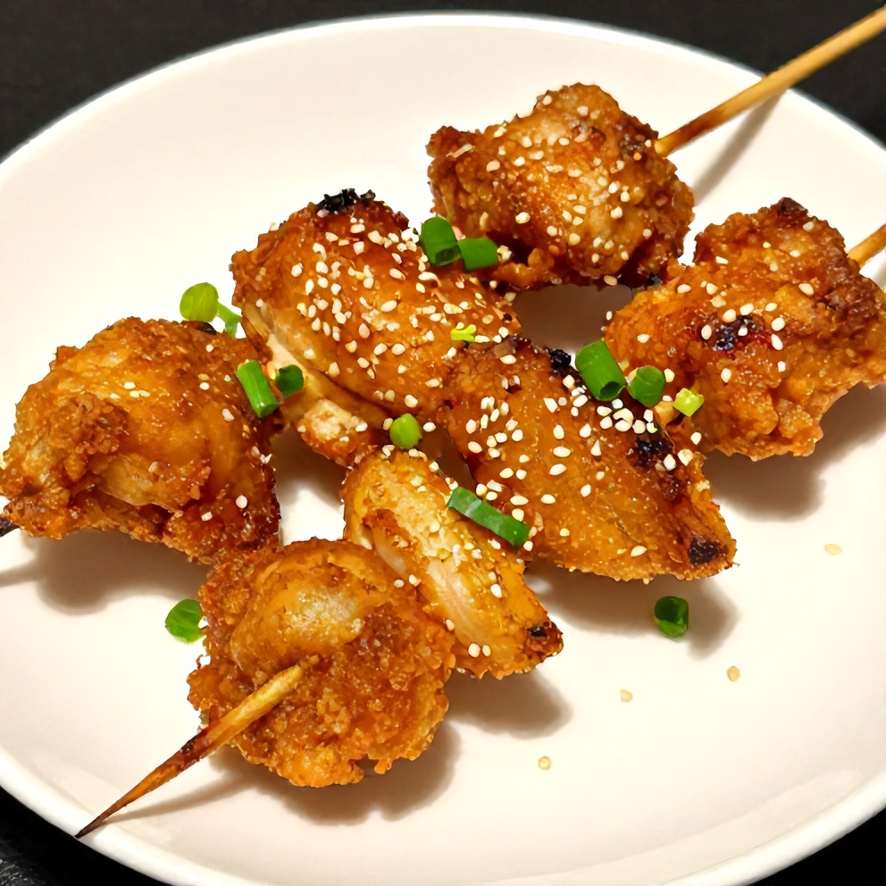 Plated Bang Bang Chicken Skewers with spicy dipping sauce