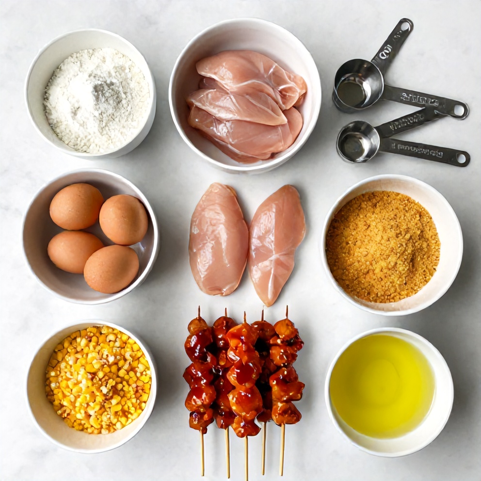 Raw ingredients for Bang Bang Chicken Skewers on a marble surface