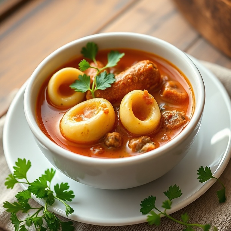 A single serving of beef sausage tortellini soup with fresh parsley. Close crop on a white ceramic bowl.