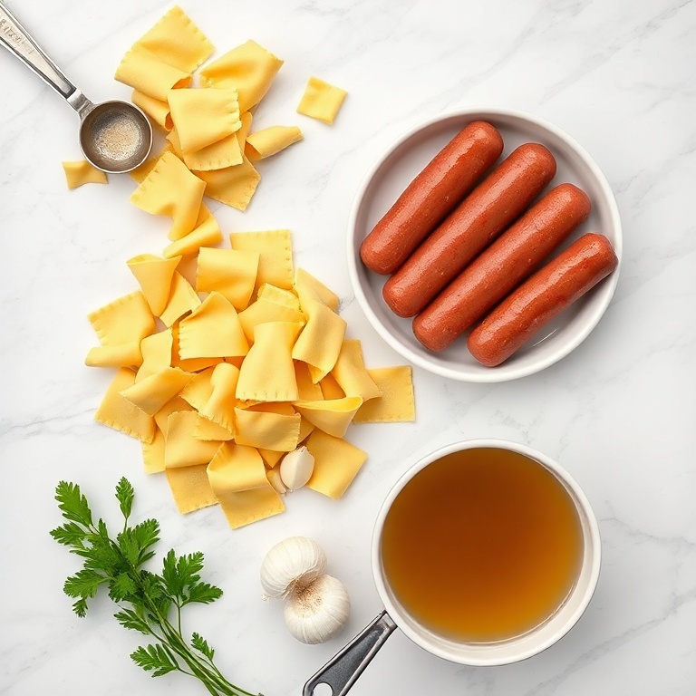 Overhead flat lay of beef sausage, tortellini, onion, garlic, and broth. Measuring spoons and bowls visible on white marble surface.