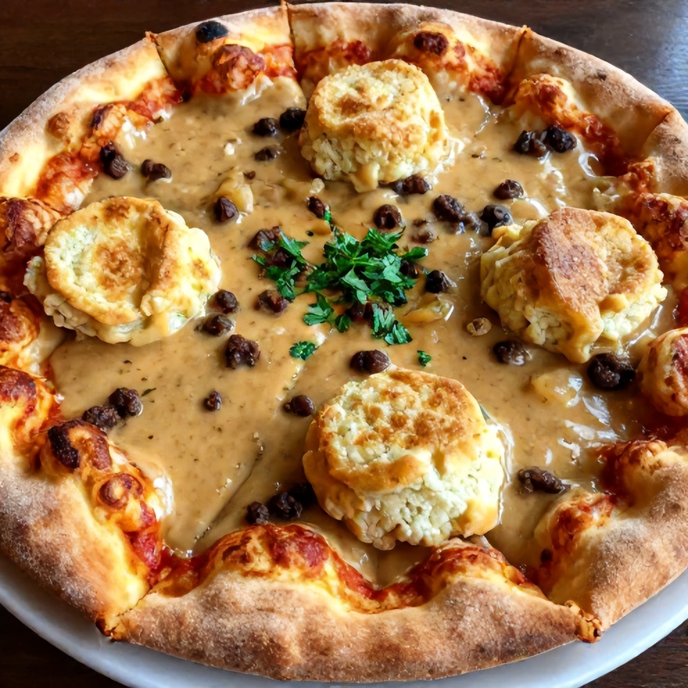 Plated breakfast pizza with sausage gravy and biscuits