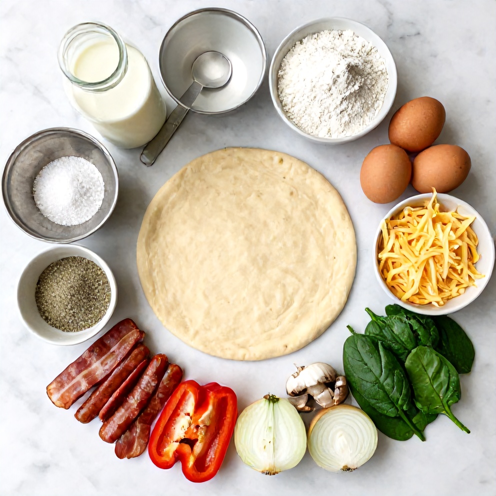Raw ingredients for breakfast pizza on marble surface