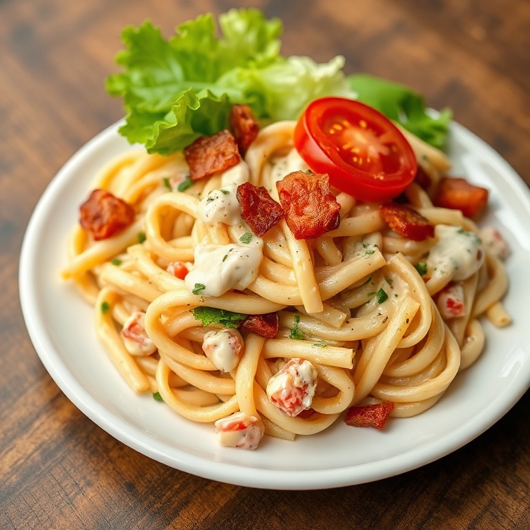 Perfect plated serving of BLT pasta salad. Garnished with fresh lettuce and tomato. Warm side lighting highlights texture.