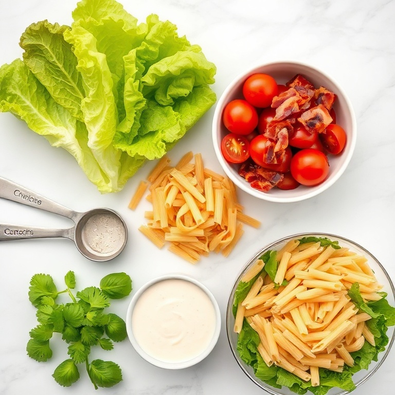 Fresh lettuce, ripe tomatoes, crispy bacon, pasta, and creamy dressing arranged in an overhead flat lay. Measuring spoons and bowls visible.