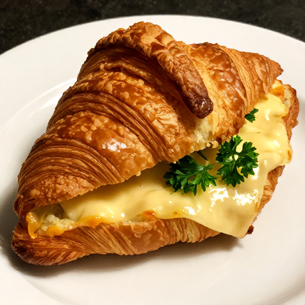 Plated croissant breakfast sandwich