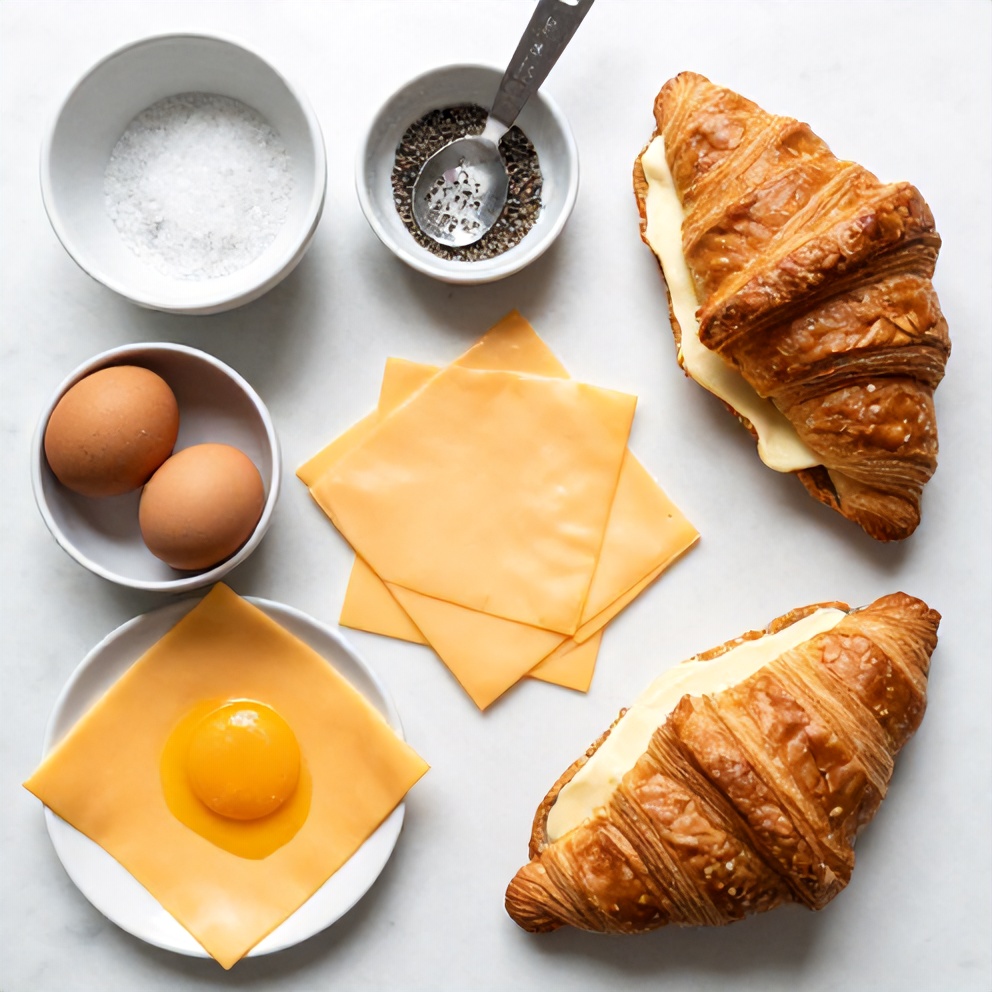 Raw ingredients for croissant breakfast sandwiches