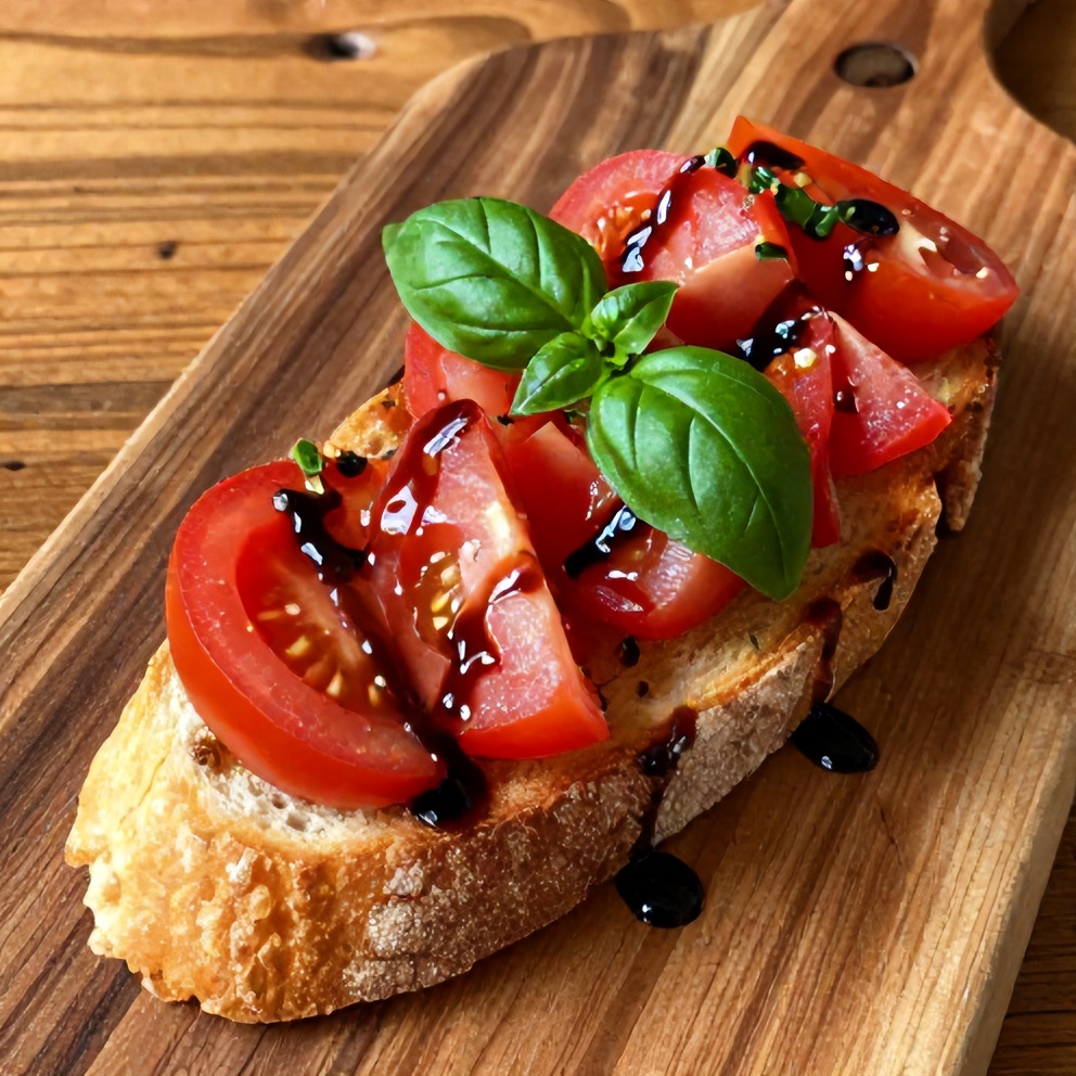 Plated serving of Easy Bruschetta with Heirloom Tomatoes and Fresh Basil