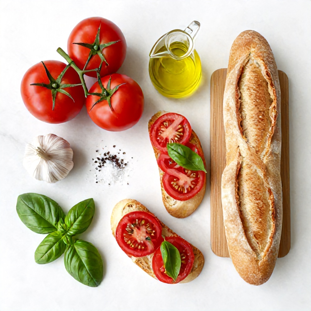 Raw ingredients for Easy Bruschetta with Heirloom Tomatoes and Fresh Basil