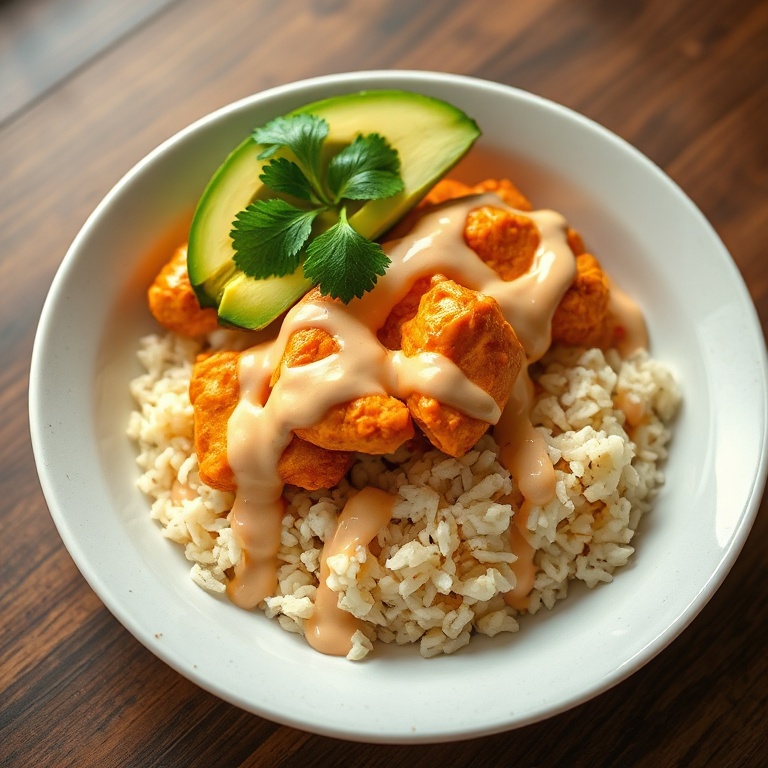 A perfectly plated buffalo chicken bowl. Avocado slice and cilantro on top. Creamy sauce drizzled over rice and chicken.