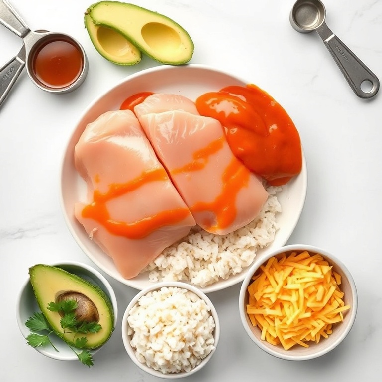 All ingredients for buffalo chicken bowl. Chicken breast, buffalo sauce, rice, avocado, cilantro. Measuring tools and bowls nearby on a white surface.