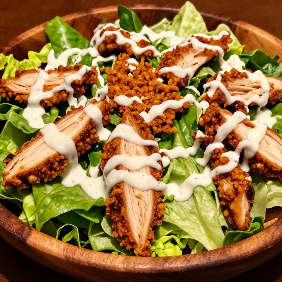 Plated buffalo chicken salad with crispy chicken and ranch dressing