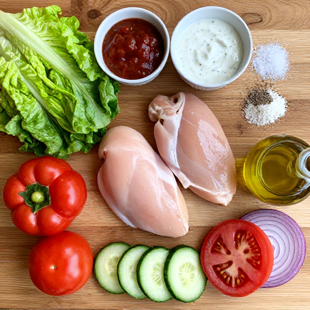 Raw ingredients for buffalo chicken salad laid out on a wooden surface