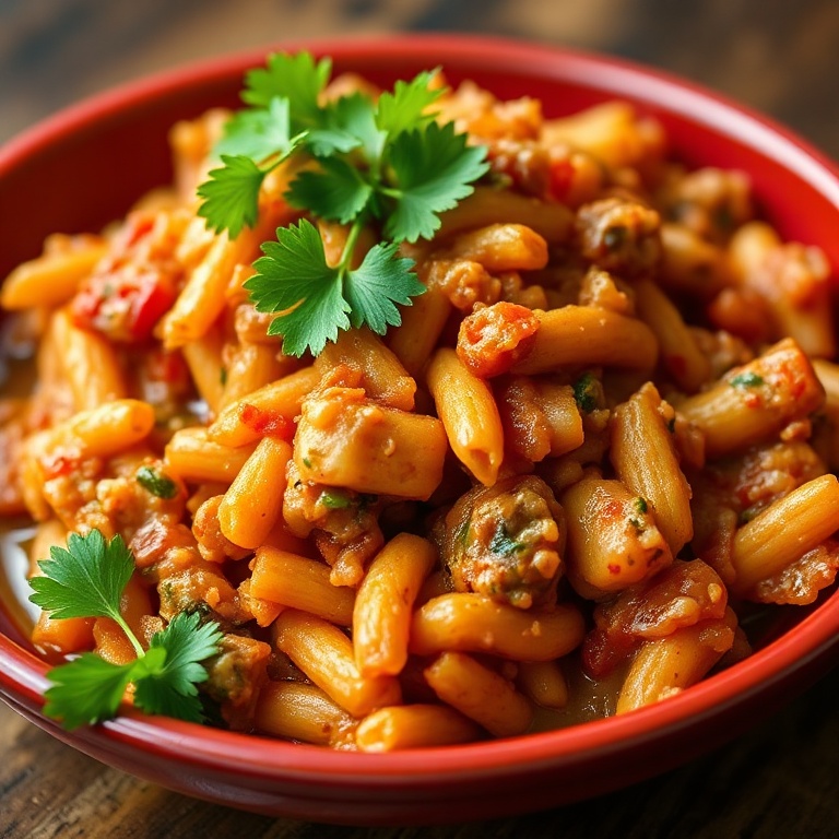 A perfectly plated serving of Easy Cajun Jambalaya. Topped with fresh parsley. A deep red bowl with crispy edges and shiny sauce.