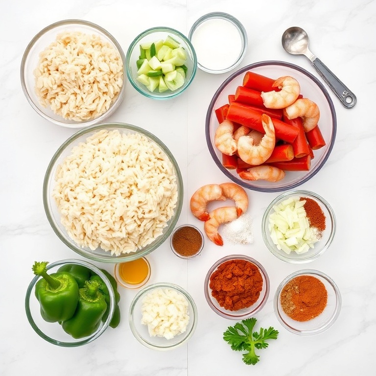 Raw ingredients for Easy Cajun Jambalaya. Rice, chicken, shrimp, andouille sausage, bell peppers, onions, garlic, and spices arranged in a flat lay. Measuring cups and spoons nearby.