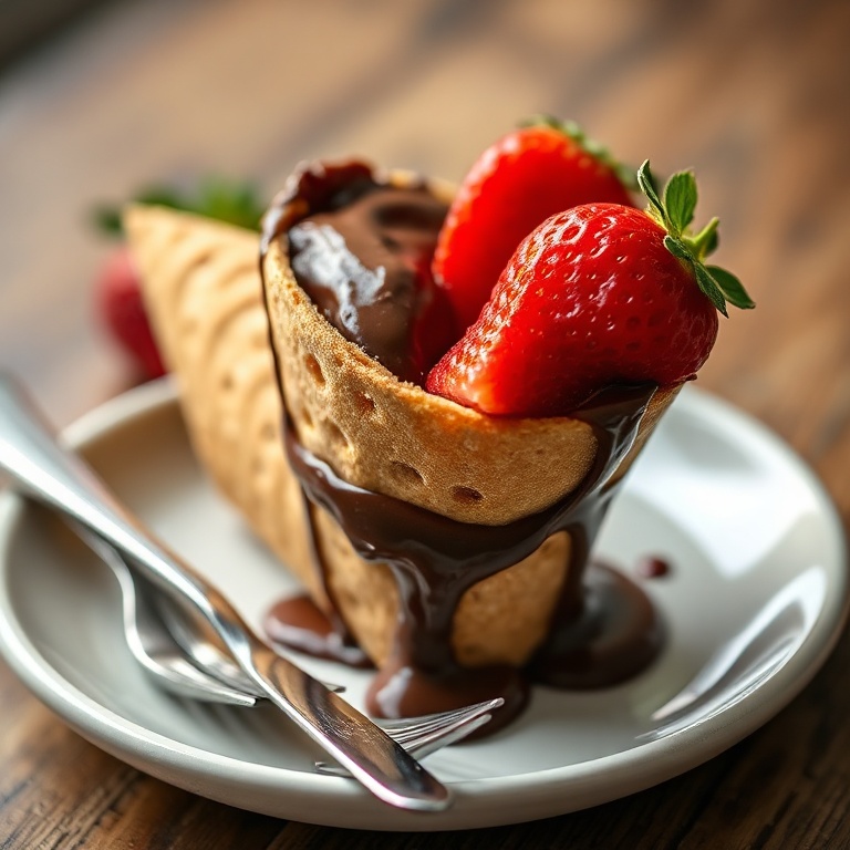 One perfect graham cracker cone filled with melted chocolate and fresh strawberries. A small plate with a knife and fork. Warm side lighting shows texture. Close crop, food fills 90% of frame.
