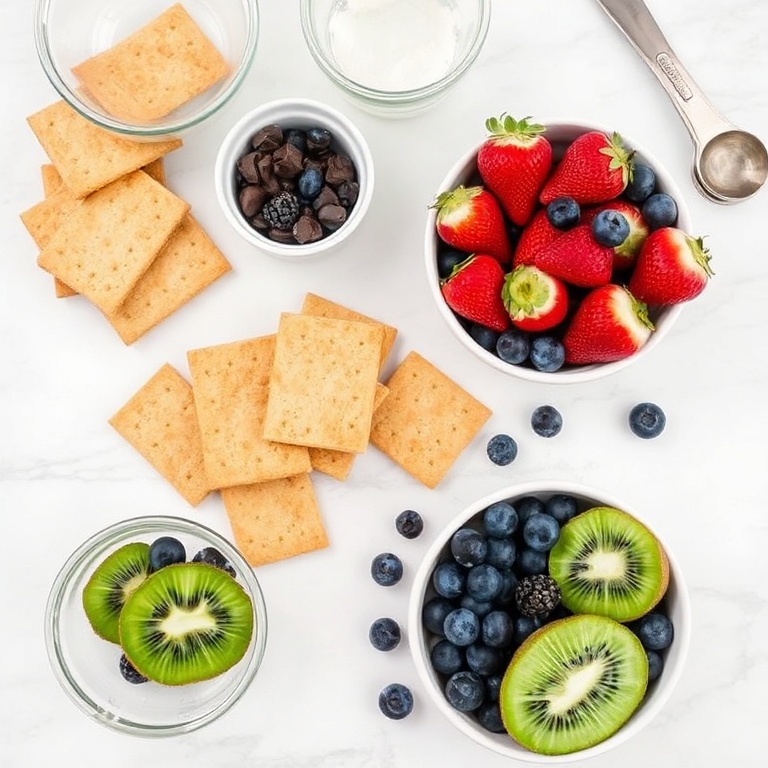 Graham crackers, chocolate bars, strawberries, blueberries, kiwi, and a small bowl of melted chocolate. Prep bowls and measuring spoons visible. White marble surface. Bright even light.