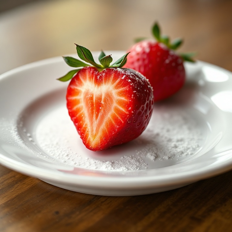 One perfect stuffed strawberry on a white porcelain plate, topped with a dusting of powdered sugar
