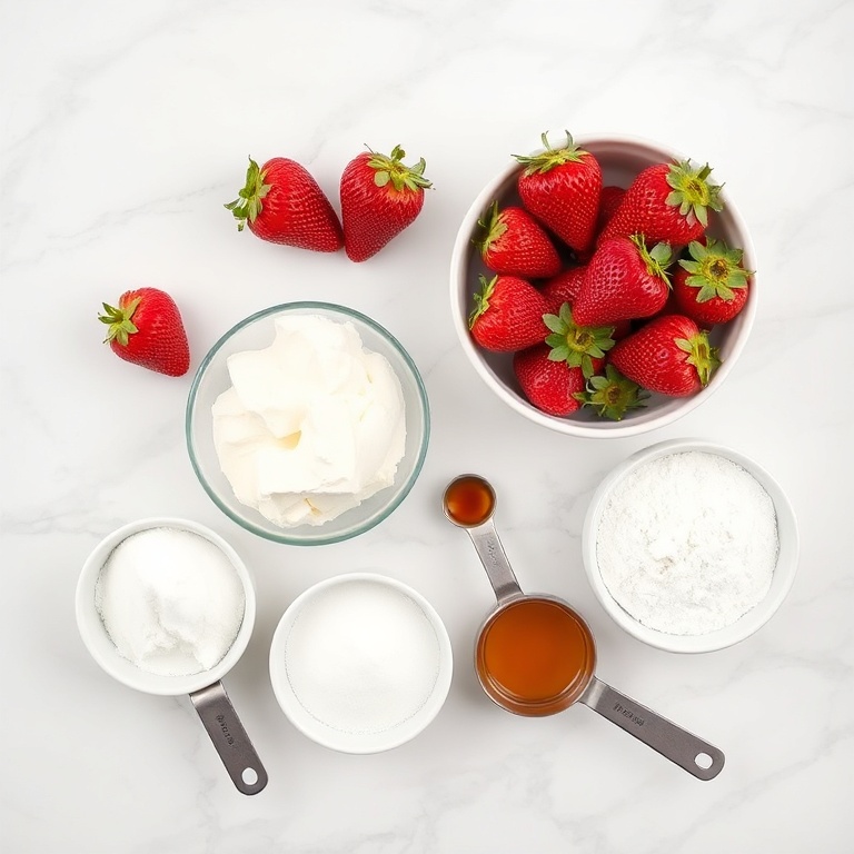 Fresh strawberries, cream cheese, sugar, vanilla extract, and powdered sugar arranged in a flat lay on a white marble surface