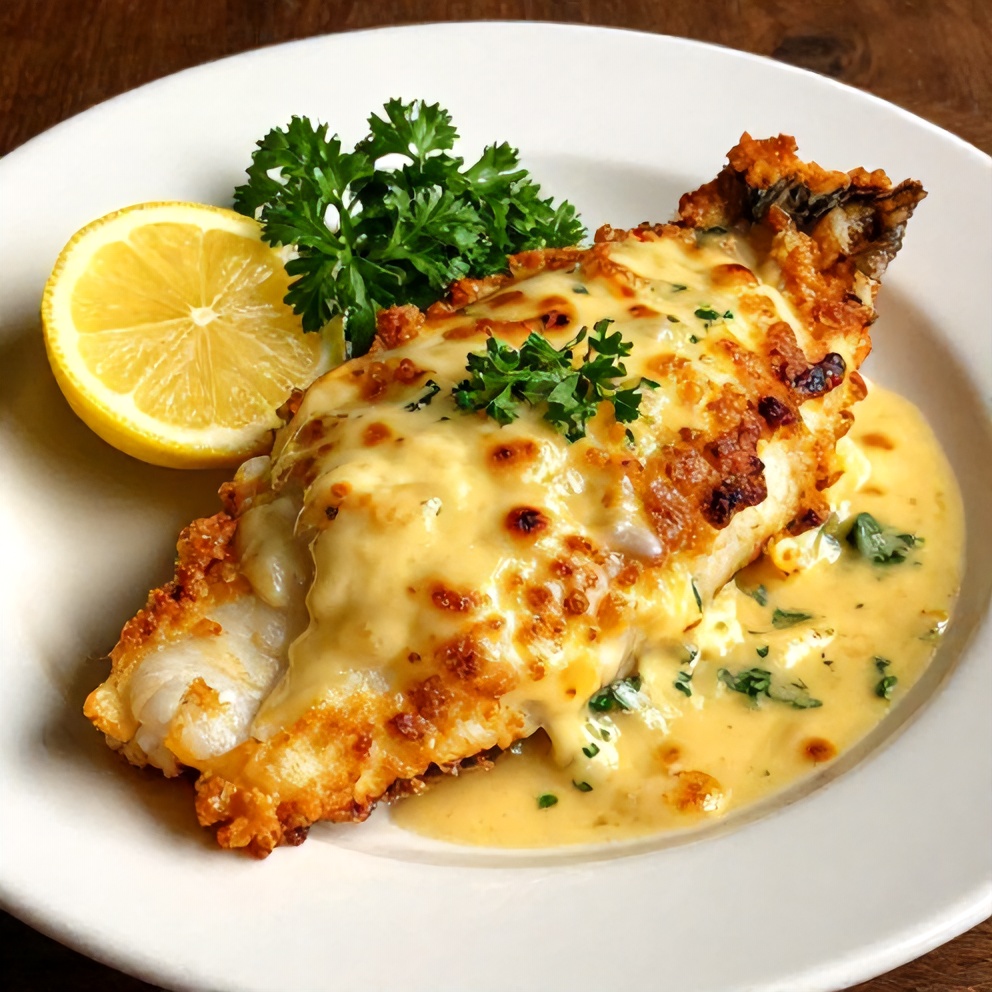 Plated cheesy baked halibut with lemon wedge and parsley garnish