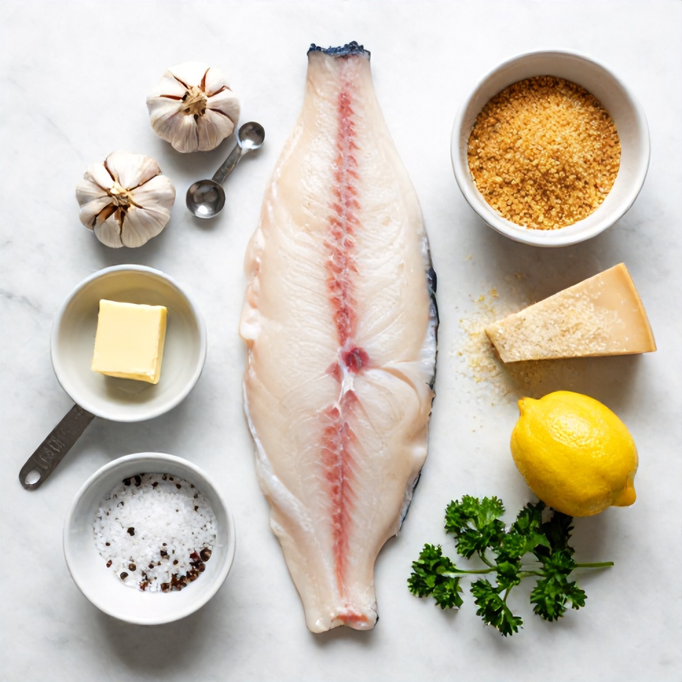Halibut fillets, garlic, butter, breadcrumbs, parmesan, lemon, salt, pepper, and parsley arranged in a flat lay