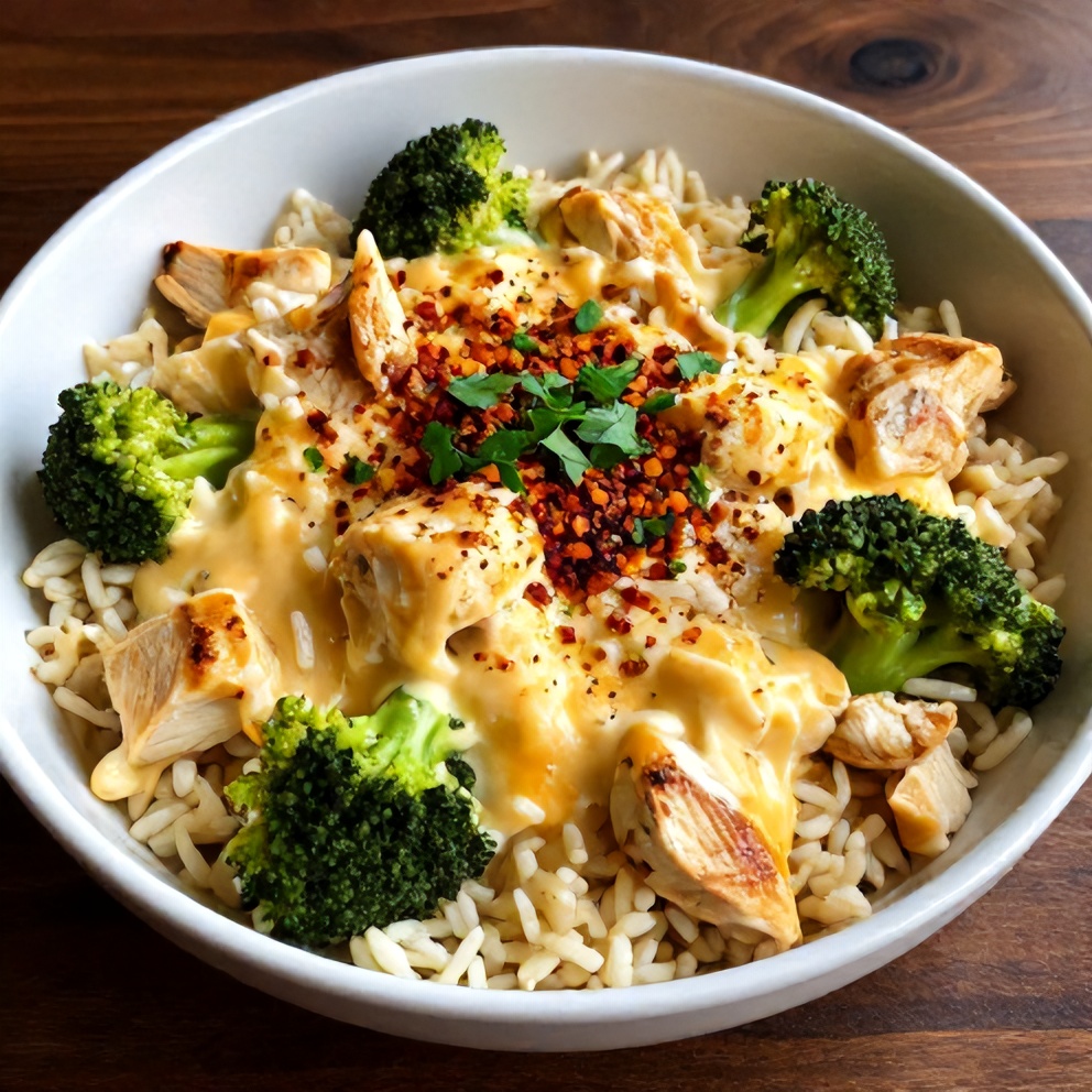 Plated cheesy broccoli chicken and rice dinner