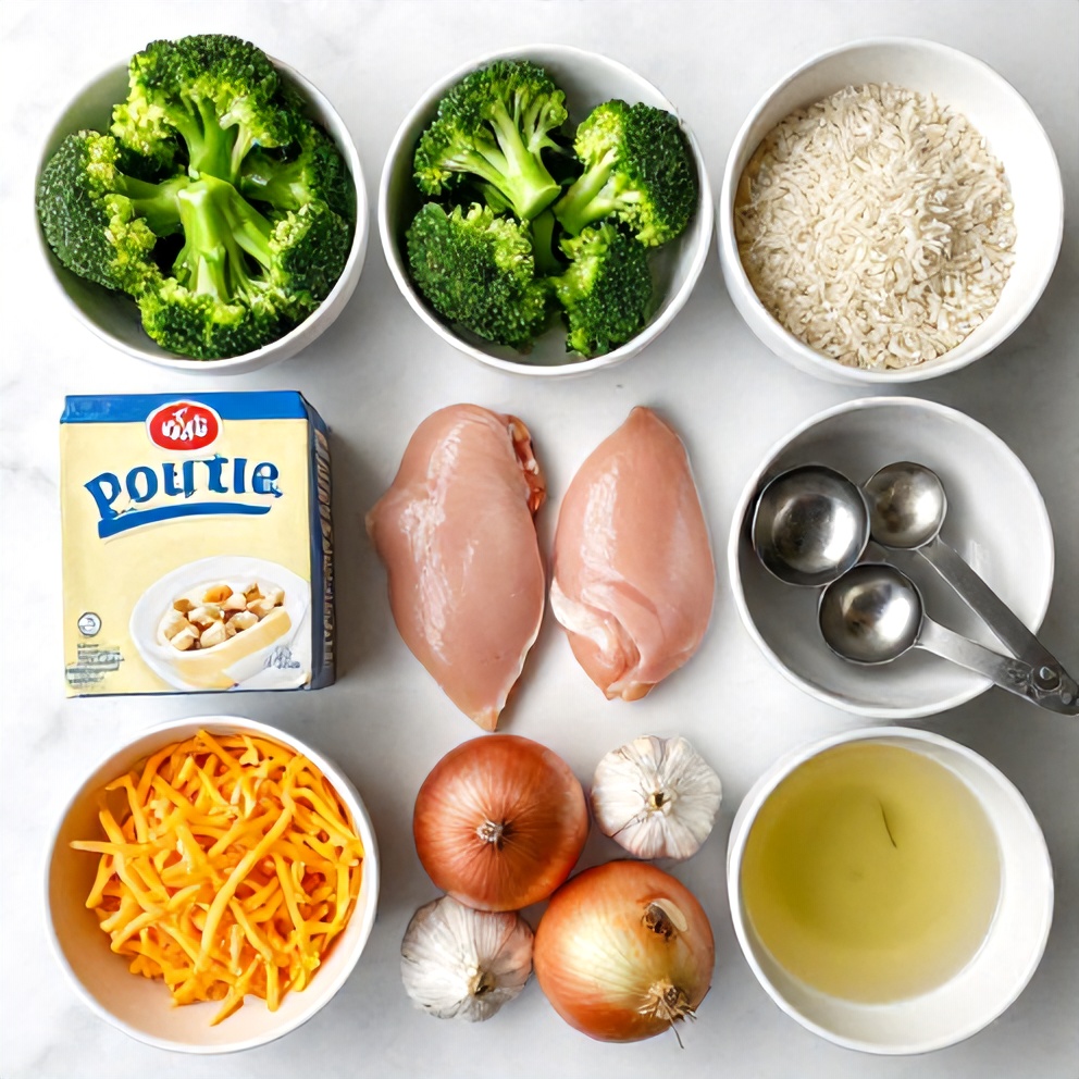 Raw ingredients for cheesy broccoli chicken and rice crockpot dinner