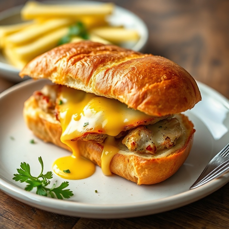 Perfectly plated chicken garlic bread sandwich with a drizzle of garlic butter