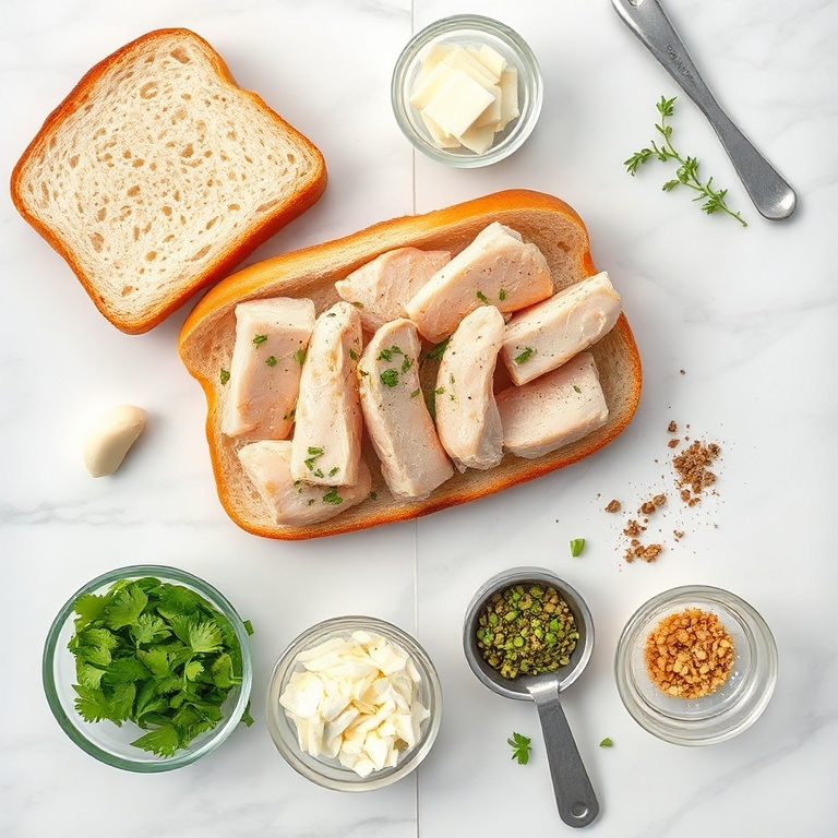 Fresh bread, cooked chicken, garlic, cheese, and herbs arranged for a perfect sandwich