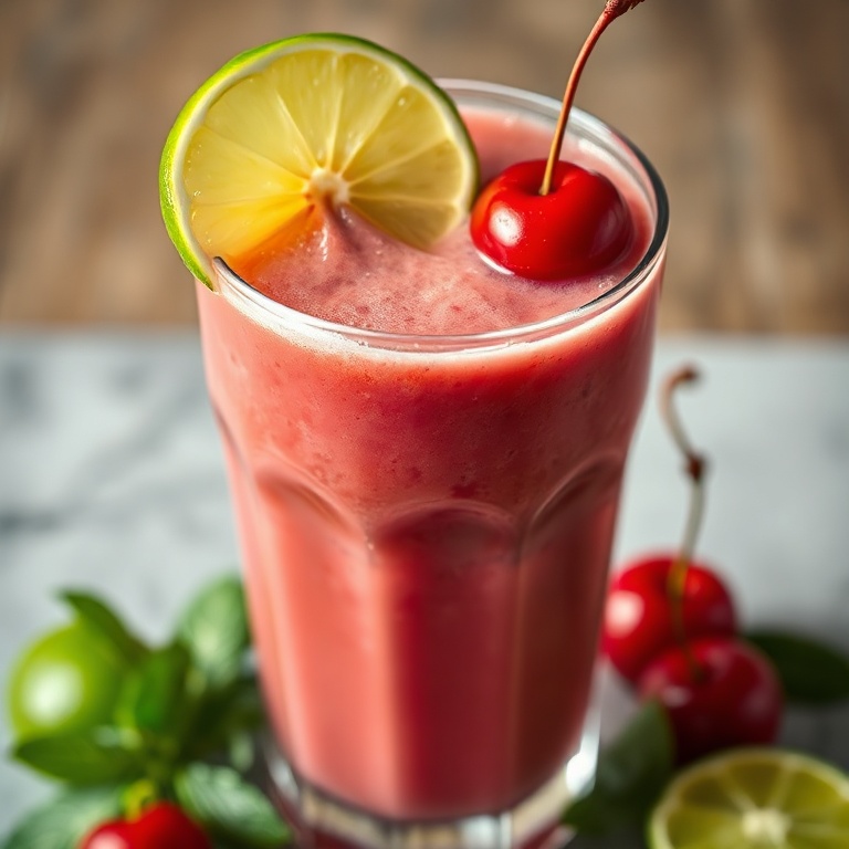 A chilled cherry lime smoothie in a glass with a lime slice on top