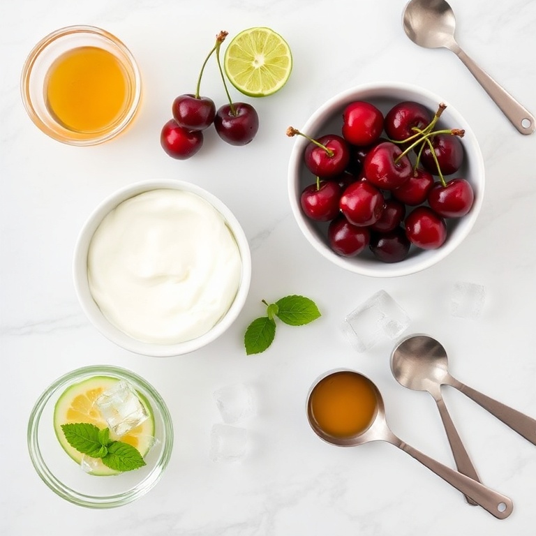 Fresh cherries, lime, yogurt, honey, and ice arranged in a flat lay