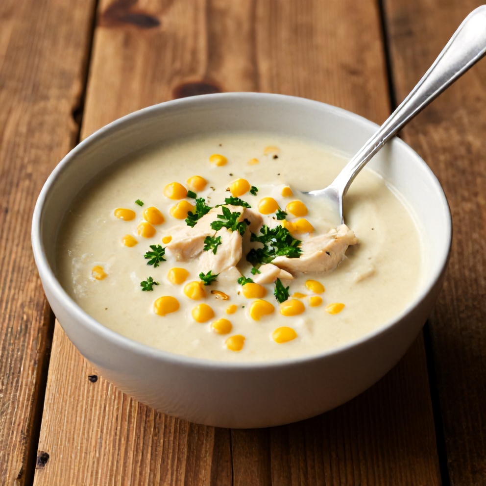 A bowl of creamy Chicken and Corn Chowder garnished with fresh parsley, served on a rustic wooden table with a spoon ready to dig in.