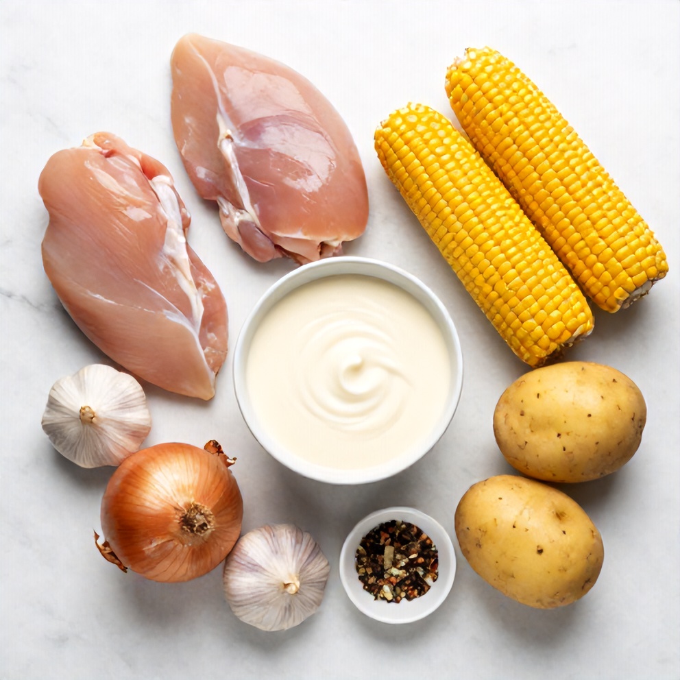 Raw ingredients for Chicken and Corn Chowder: chicken breasts, corn, onions, garlic, potatoes, cream, and seasonings arranged in a flat lay on a white marble surface.