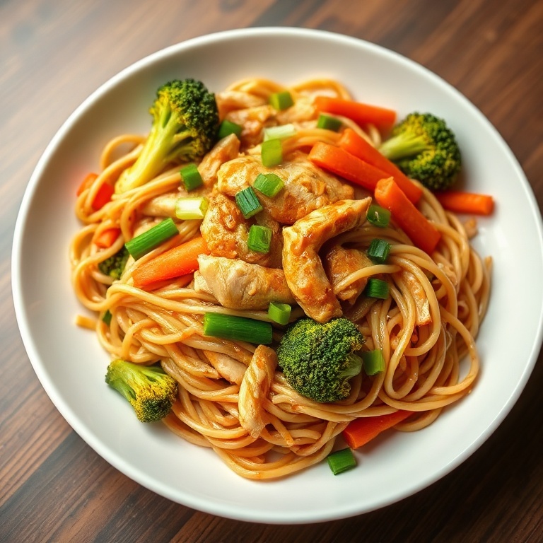 Perfectly plated chicken chow mein with fresh broccoli, carrots, and noodles. Garnished with green onions and a drizzle of sauce.