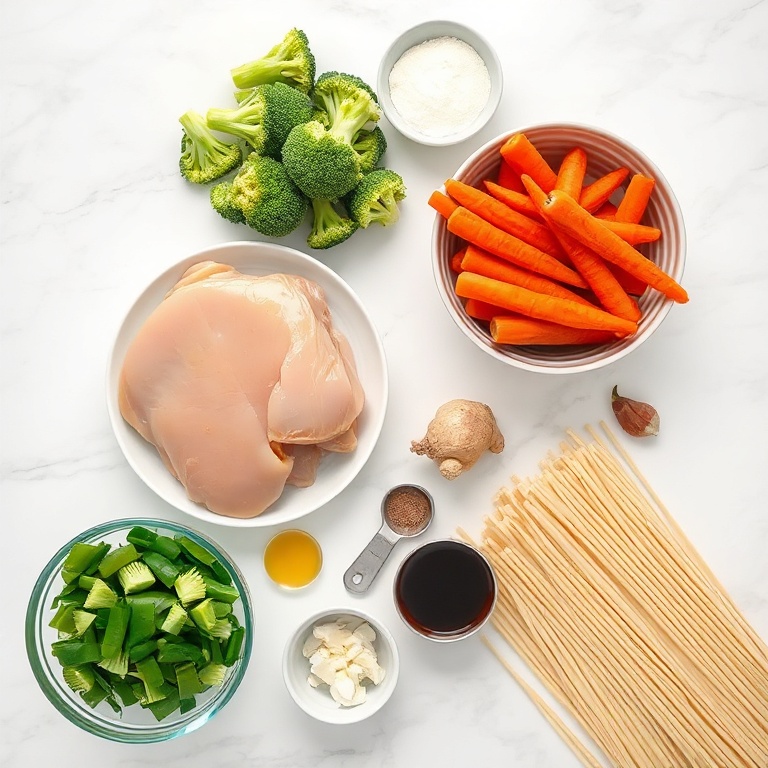 Raw ingredients for easy chicken chow mein: chicken breast, broccoli, carrots, bell peppers, soy sauce, noodles, garlic, and ginger.