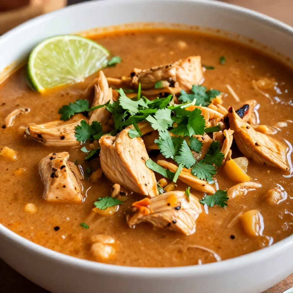 One serving of Chicken Enchilada Soup plated, topped with fresh cilantro and a lime wedge.