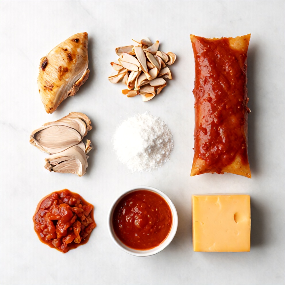 Raw ingredients for Chicken Enchilada Soup arranged in a flat lay, including chicken, enchilada sauce, and cheese.