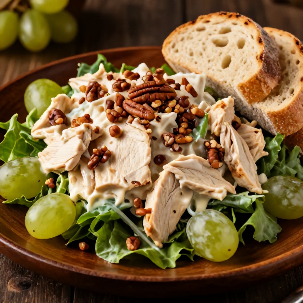 Plated Chicken Grape Salad with a side of bread