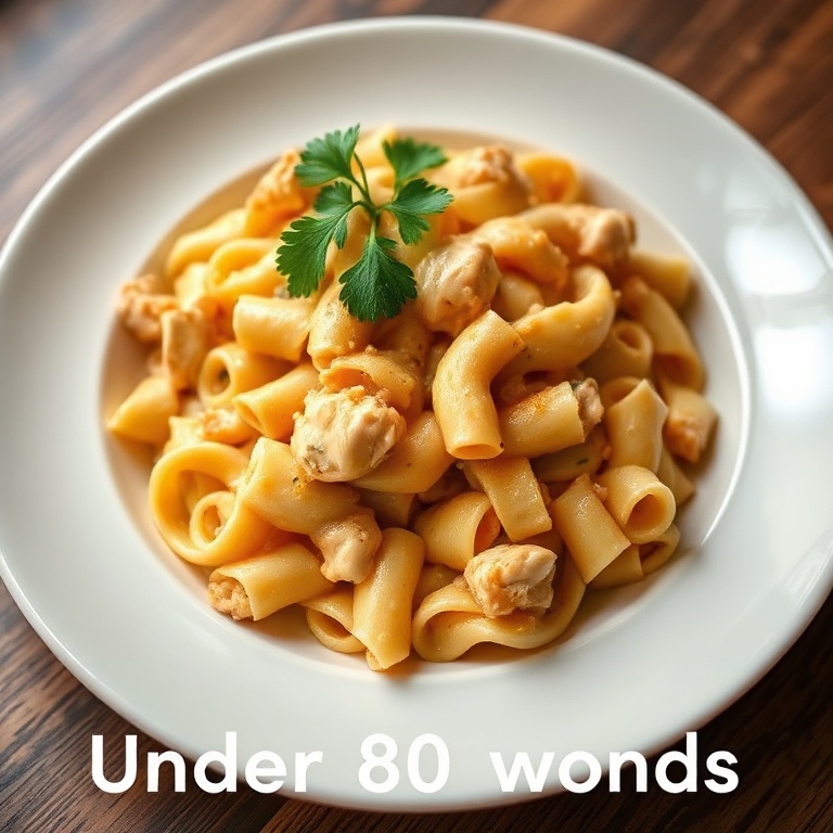 Perfect plated chicken noodle casserole with parsley on top. White ceramic bowl. Warm side lighting highlighting sauce and noodles. Photorealistic food photography.