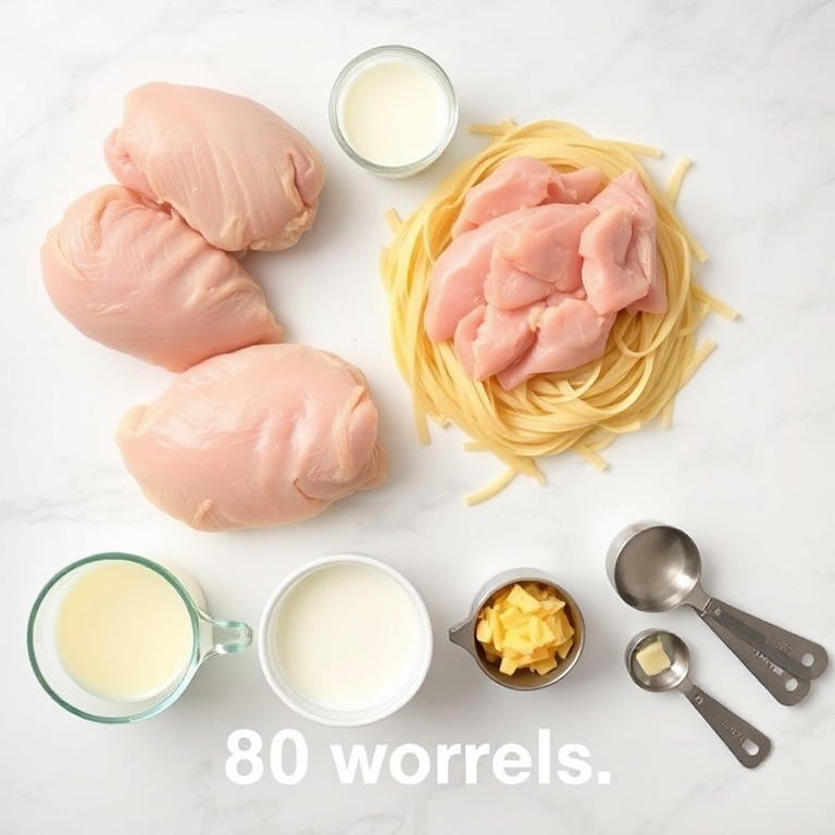 Raw ingredients for chicken noodle casserole in overhead flat lay. Chicken breasts, egg noodles, milk, cheese, and butter visible. Measuring cups and spoons nearby. White marble surface. Bright even light.