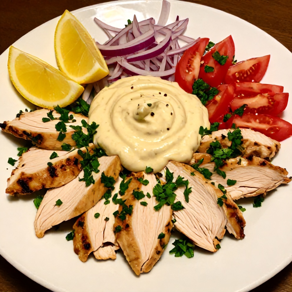 Plated Chicken Shawarma with tahini sauce and garnish