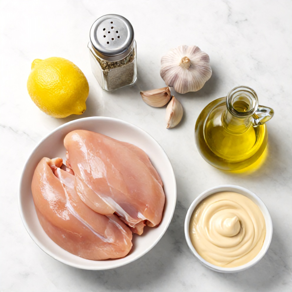 Raw ingredients for Chicken Shawarma laid out on a marble surface