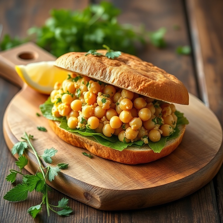 A chickpea salad sandwich on a wooden board. Fresh herbs and a lemon wedge add color. Warm side lighting highlights the texture.