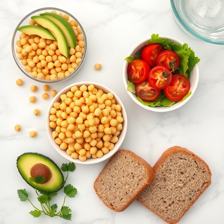 Chickpeas, avocado, lettuce, tomato, whole grain bread, and red onion. Measuring cups and a mixing bowl visible. Bright overhead light.