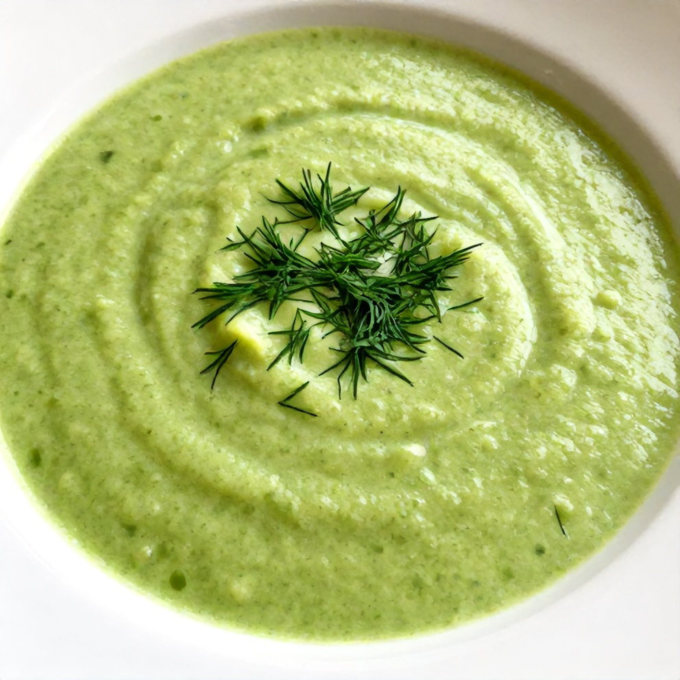 Chilled Cucumber Avocado Soup with Fresh Dill Garnish