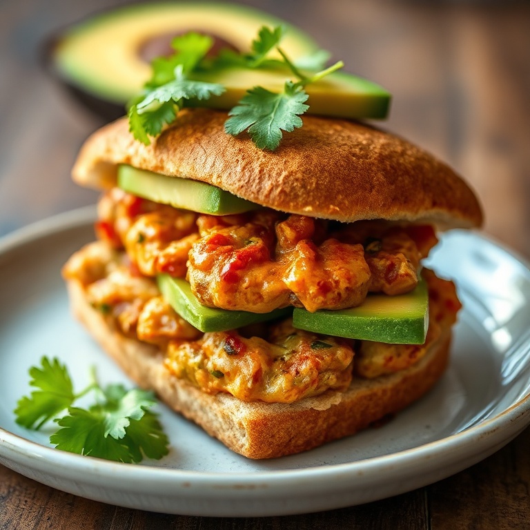 Perfect chipotle chicken torta sandwich. Avocado and cilantro garnish. Close crop of food. Warm side lighting highlighting texture. Plate with crispy edges.