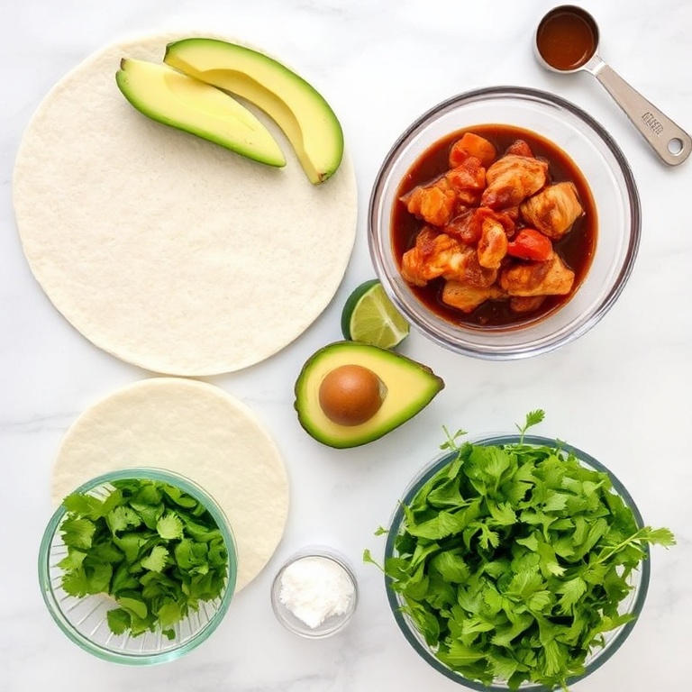 All raw ingredients for chipotle chicken torta. Flour tortillas, chicken breast, chipotle in adobo, avocado, lettuce, cheese, and cilantro. Measuring spoons and bowls visible. White marble surface. Bright even light.